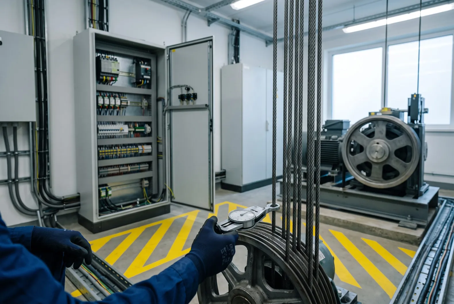 Engineer checking the traction machine in a lift machine room