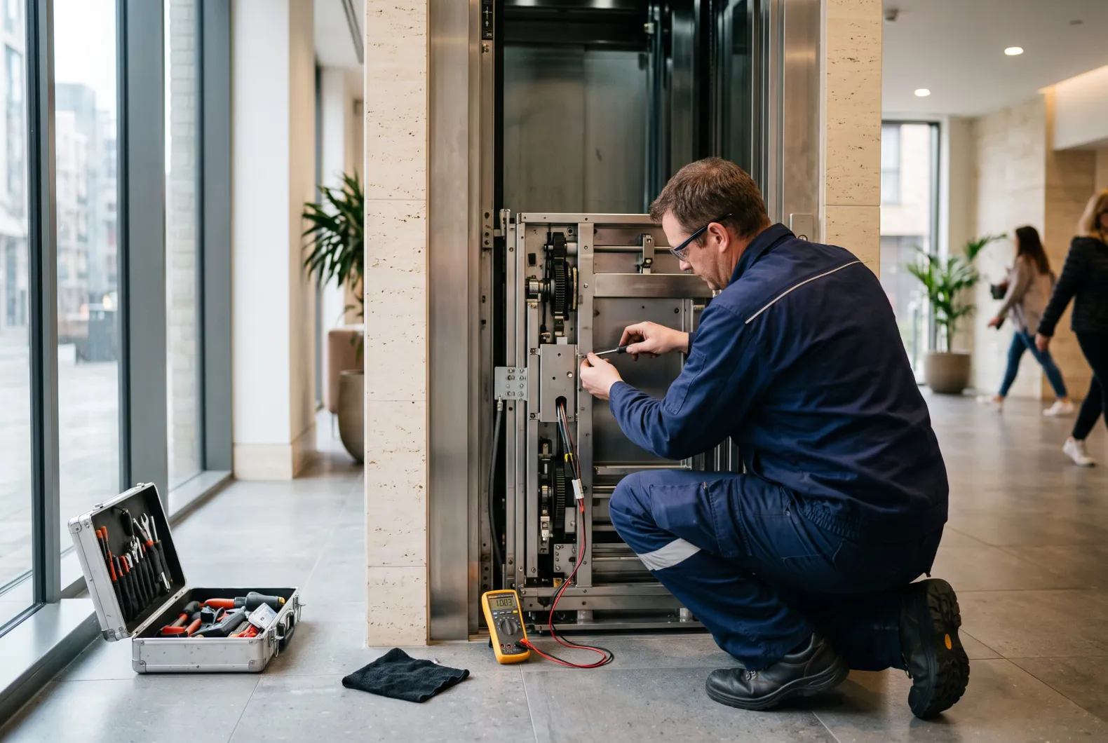 Topserv Lifts technician servicing the door mechanism of a passenger lift