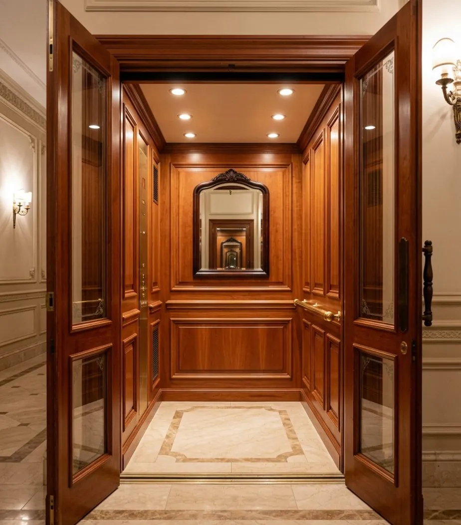Classic lift cabin with cherry wood panels and brass handrail