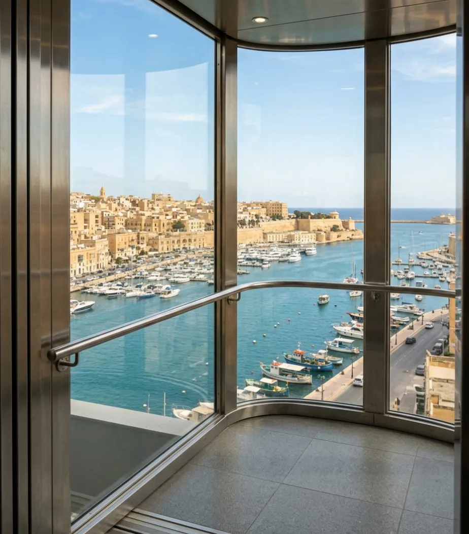 Panoramic glass lift cabin overlooking a Mediterranean harbour