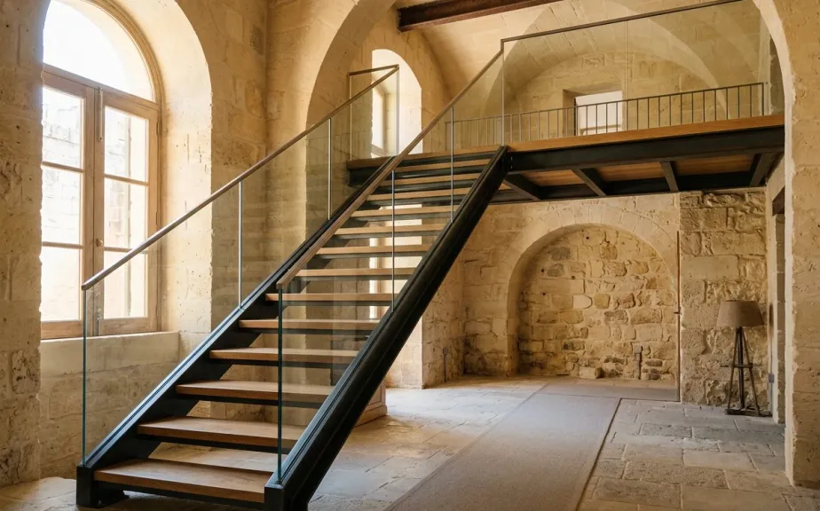 Steel and glass staircase and platform