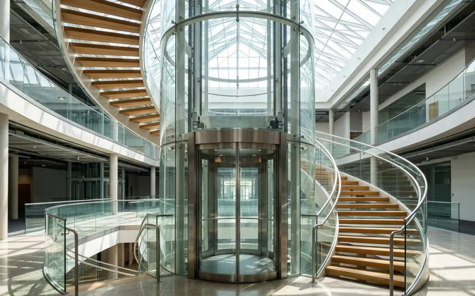 Circular glass lift in a modern atrium