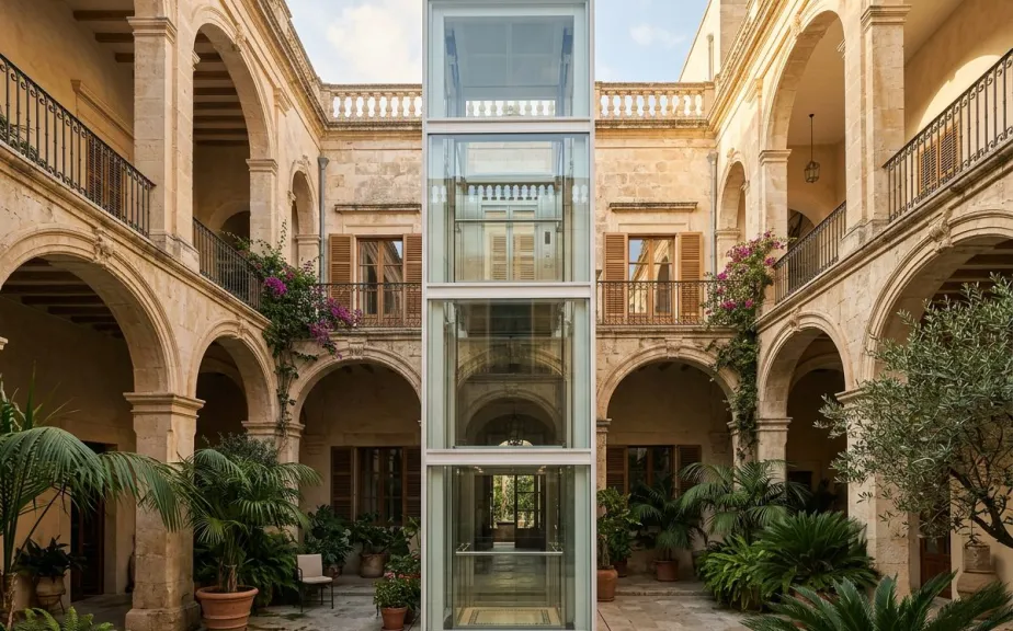 Fully glazed lift tower in a hotel courtyard