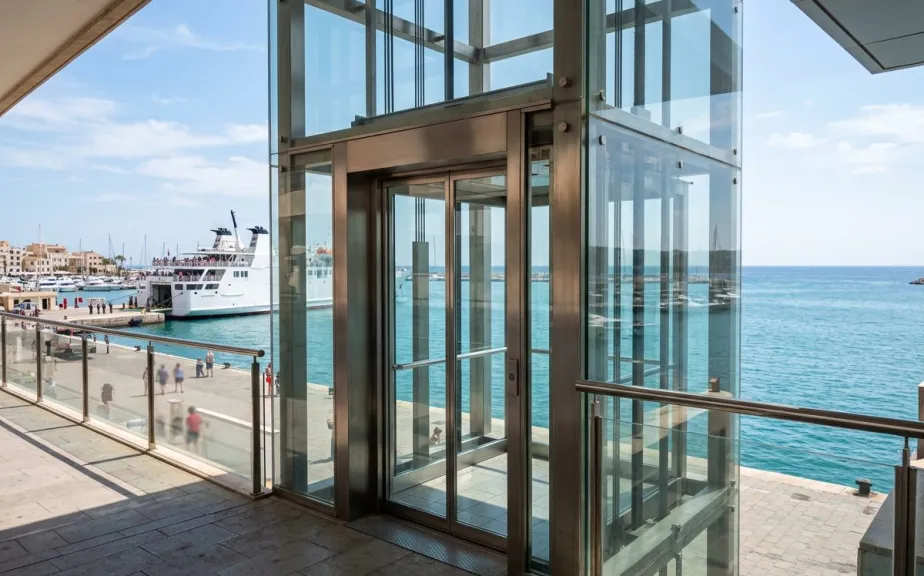 Glass lift at a ferry terminal