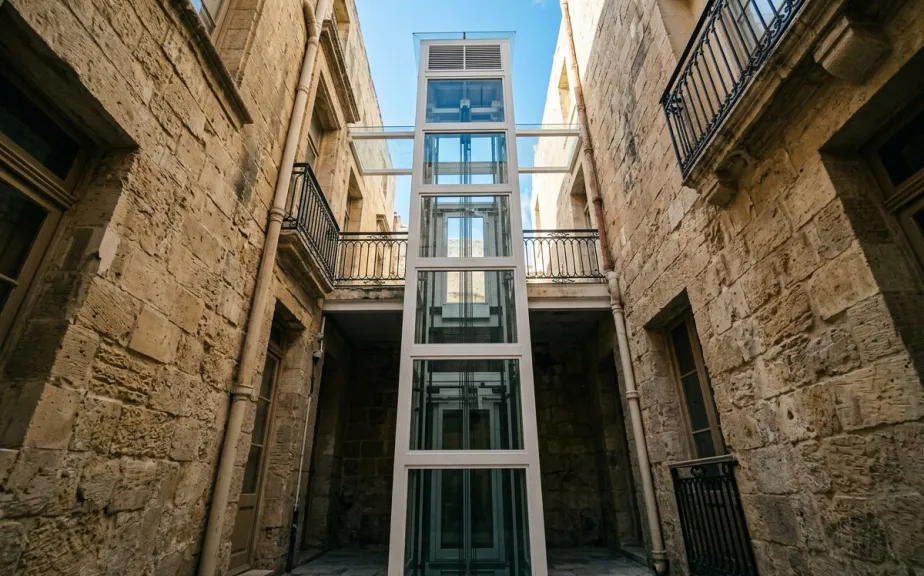 Slim lift structure installed in a narrow courtyard