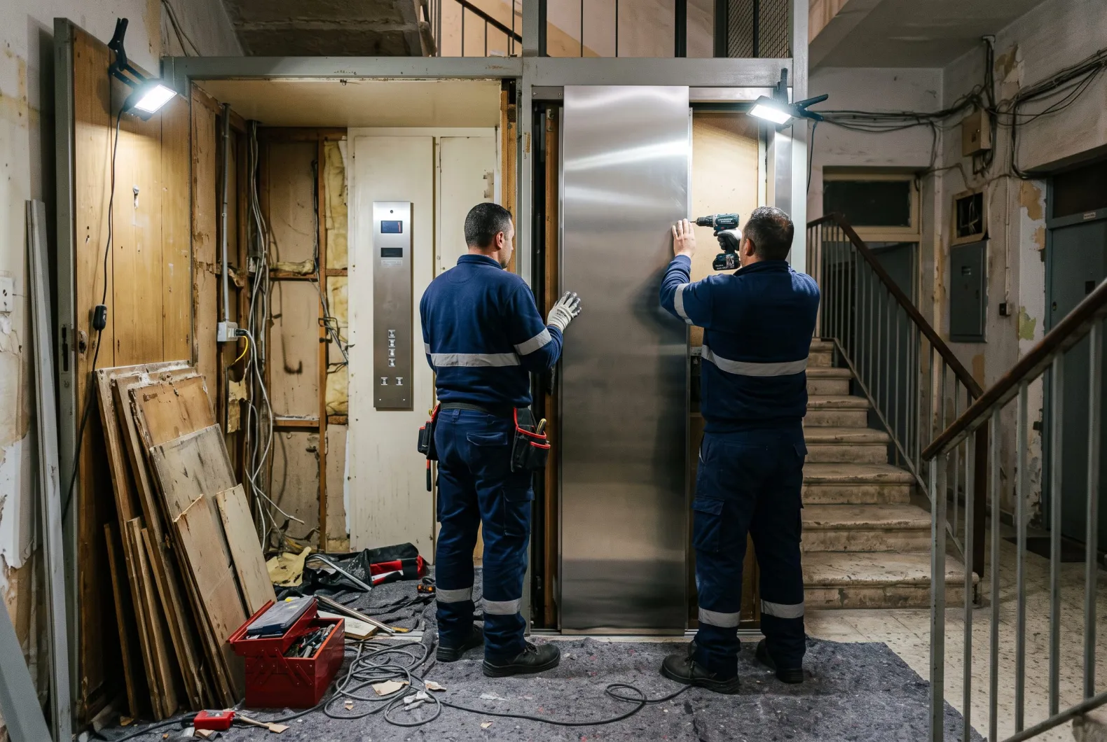 Technicians refurbishing an older lift cabin
