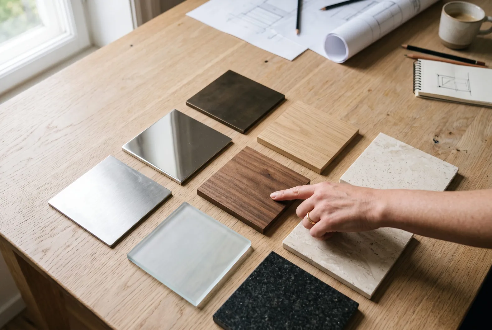Lift interior material samples: steel, bronze, wood veneer, glass and stone
