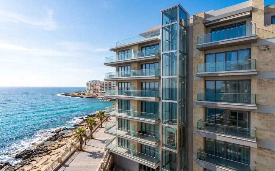 Panoramic glass lift on a seafront apartment building in Sliema