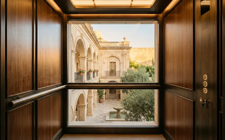Glazed lift tower in the courtyard of a Valletta palazzo hotel