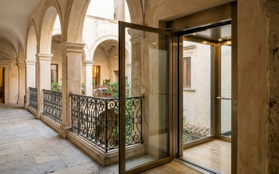 Glazed lift tower in the courtyard of a Valletta palazzo hotel