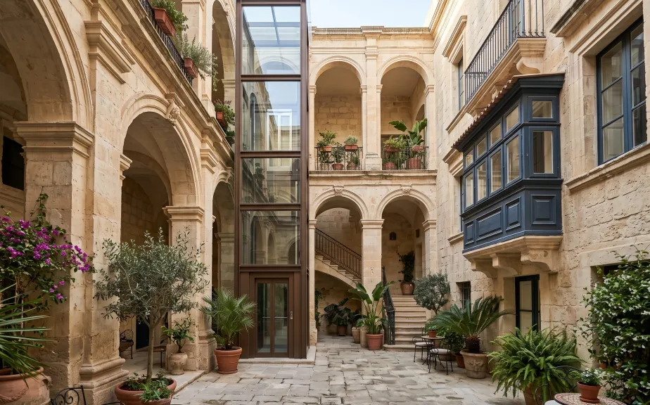 Glazed lift tower in the courtyard of a Valletta palazzo hotel