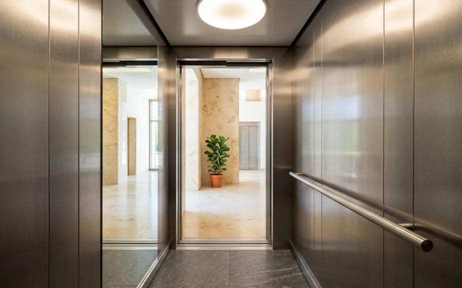 Lobby with twin stainless steel lift doors in a Gozo apartment block