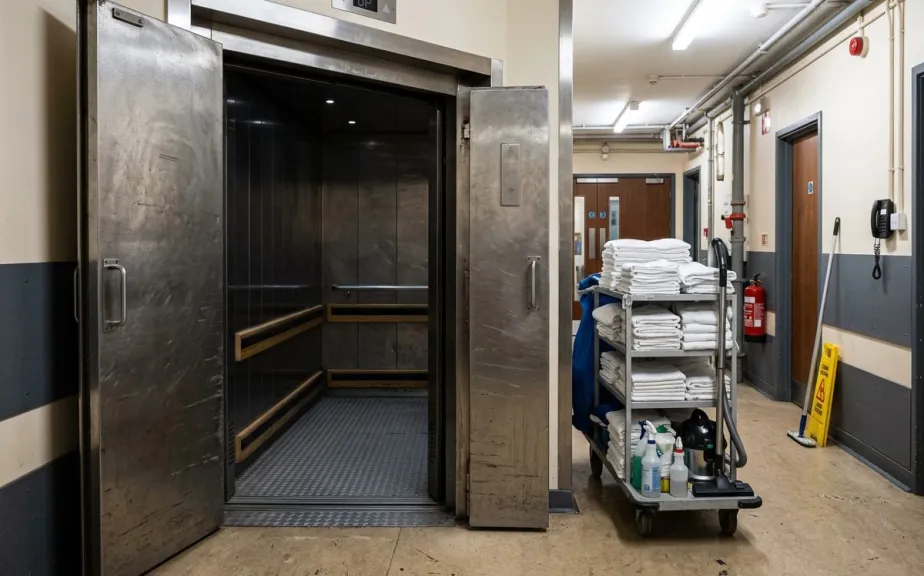 Hotel lobby with three bronze lift doors in St Julian's