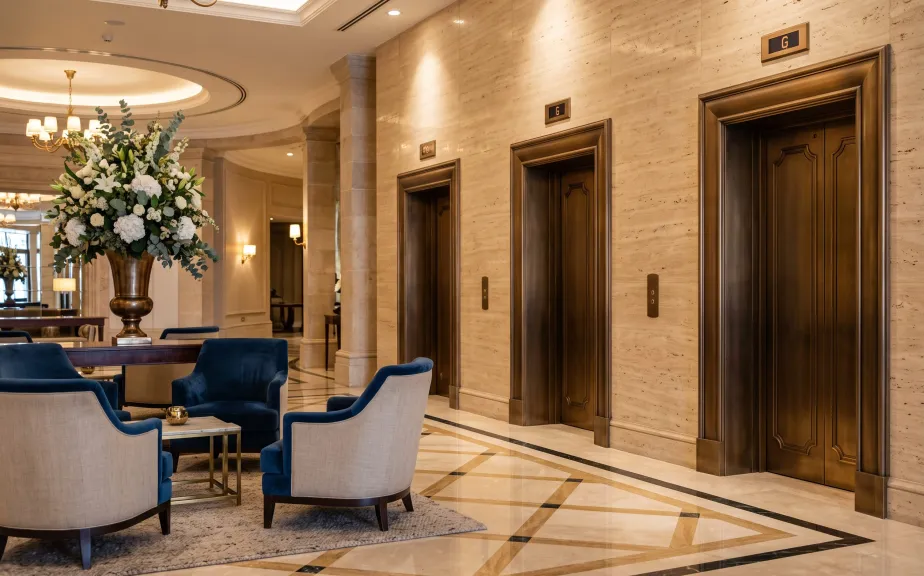 Hotel lobby with three bronze lift doors in St Julian's