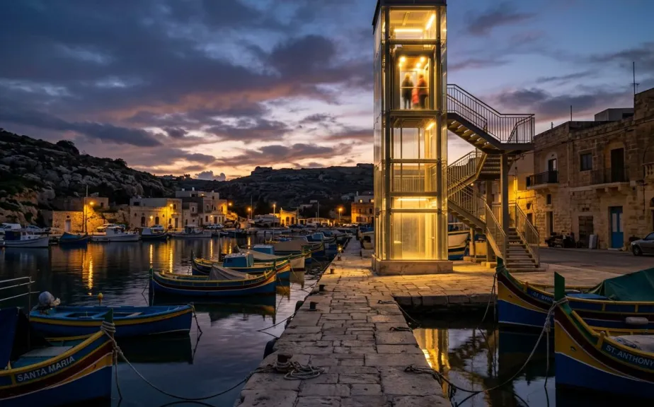 Public glass lift by a harbour in Gozo