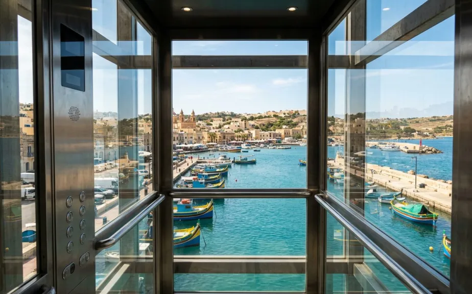 Public glass lift by a harbour in Gozo